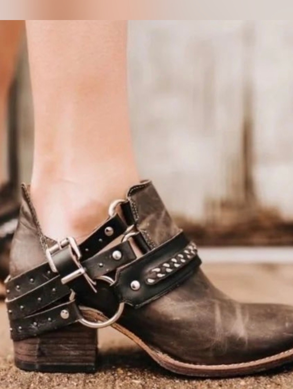 Freebird Free People Colton Distressed Ankle Boot Studded Harness Strap Moto 9